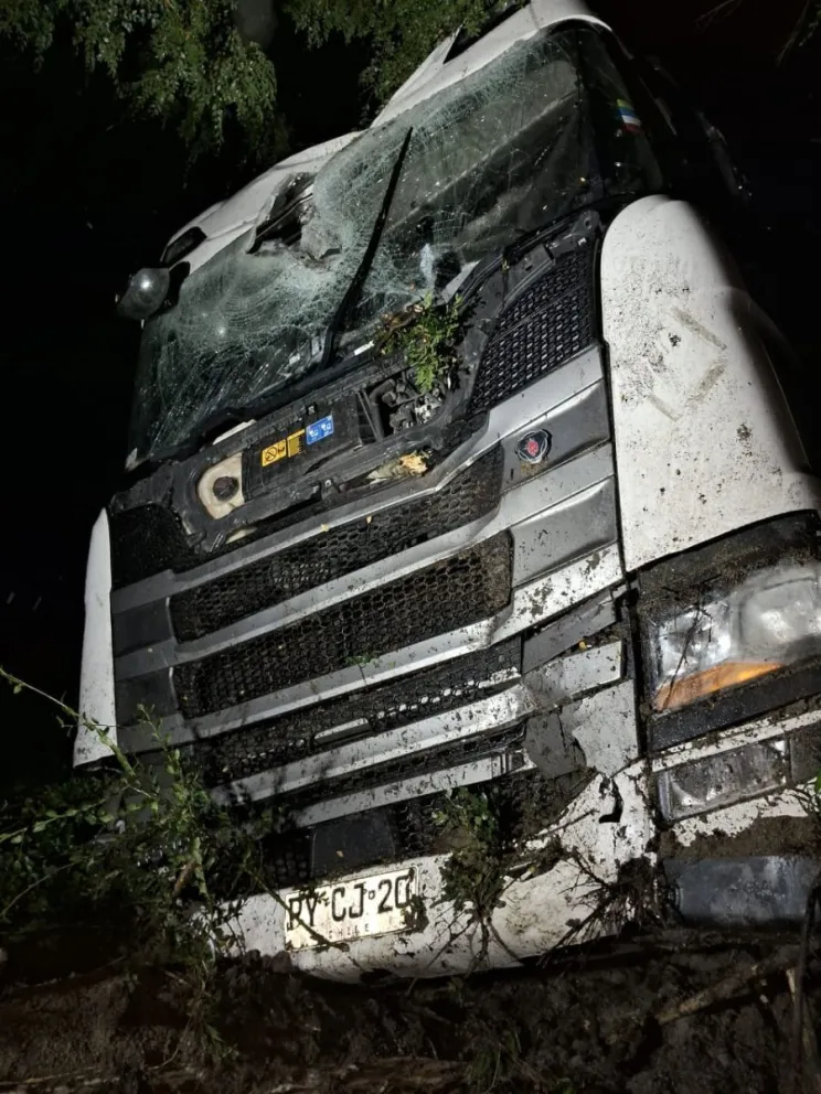En plena nevada, no pudo frenar su camión y pasó de largo en una curva