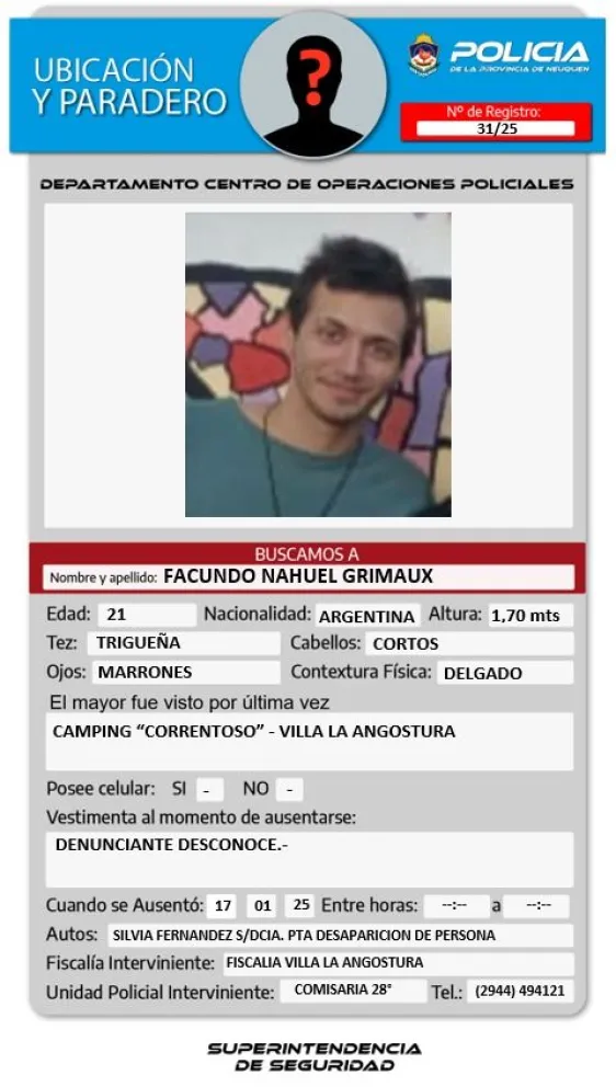 Busca a un joven que fue visto por última vez en el Camping Correntoso